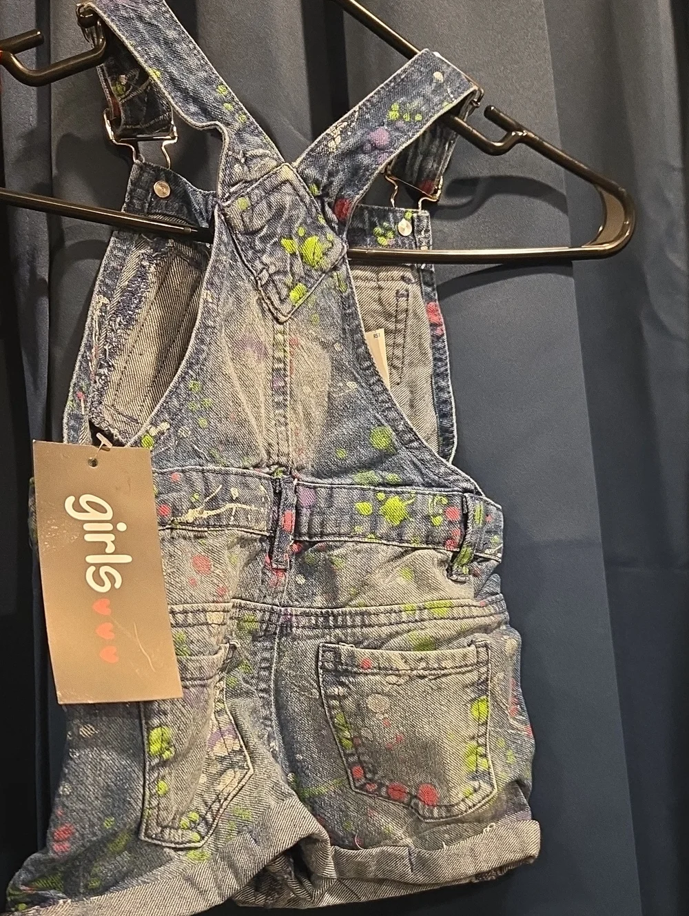 Girls Denim Paint-Splatter Short Overalls - Blue with Neon Accents